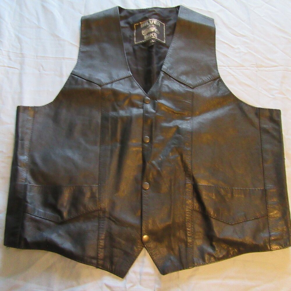 Mens Vintage Silver Bike Black Leather Motorcycle Vest Sz XL